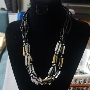 Lovely Black Beaded Multi-strand with Abalone Shells Necklace 10" Hang Length